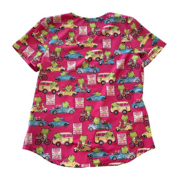 Cherokee Medical Uniforms V-Neck Frog Print Pink Scrub Top Women Medium Fun Cart - Picture 5 of 5
